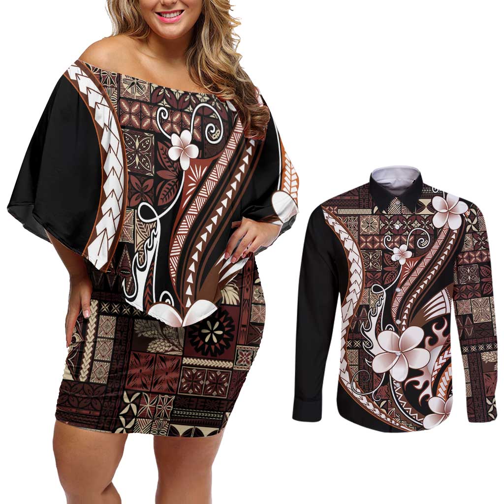 Samoa Siapo Tribal Pattern Couples Matching Off Shoulder Short Dress and Long Sleeve Button Shirt Brown Polynesian Plumeria Tapa Motif
