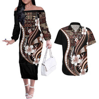 Samoa Siapo Tribal Pattern Couples Matching Off The Shoulder Long Sleeve Dress and Hawaiian Shirt Brown Polynesian Plumeria Tapa Motif