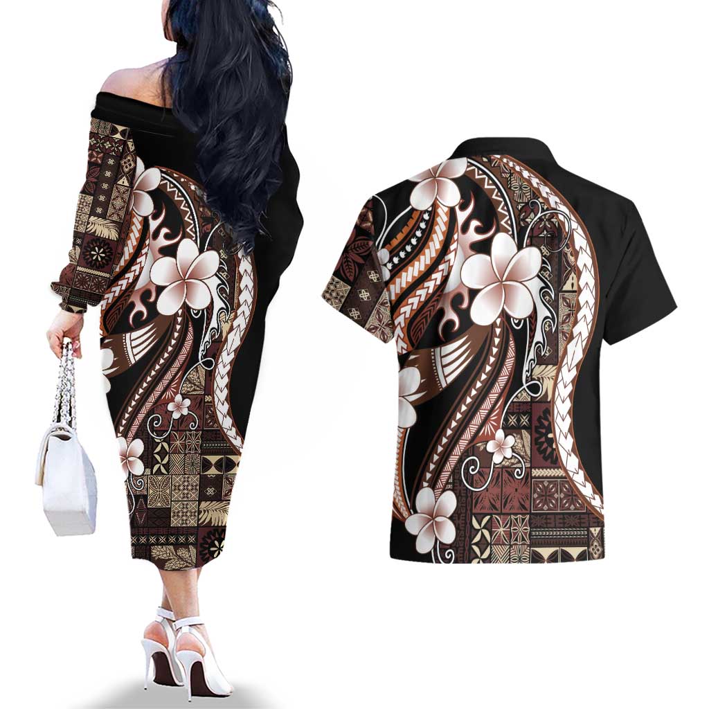 Samoa Siapo Tribal Pattern Couples Matching Off The Shoulder Long Sleeve Dress and Hawaiian Shirt Brown Polynesian Plumeria Tapa Motif