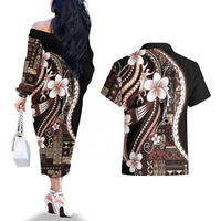 Samoa Siapo Tribal Pattern Couples Matching Off The Shoulder Long Sleeve Dress and Hawaiian Shirt Brown Polynesian Plumeria Tapa Motif