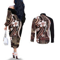 Samoa Siapo Tribal Pattern Couples Matching Off The Shoulder Long Sleeve Dress and Long Sleeve Button Shirt Brown Polynesian Plumeria Tapa Motif