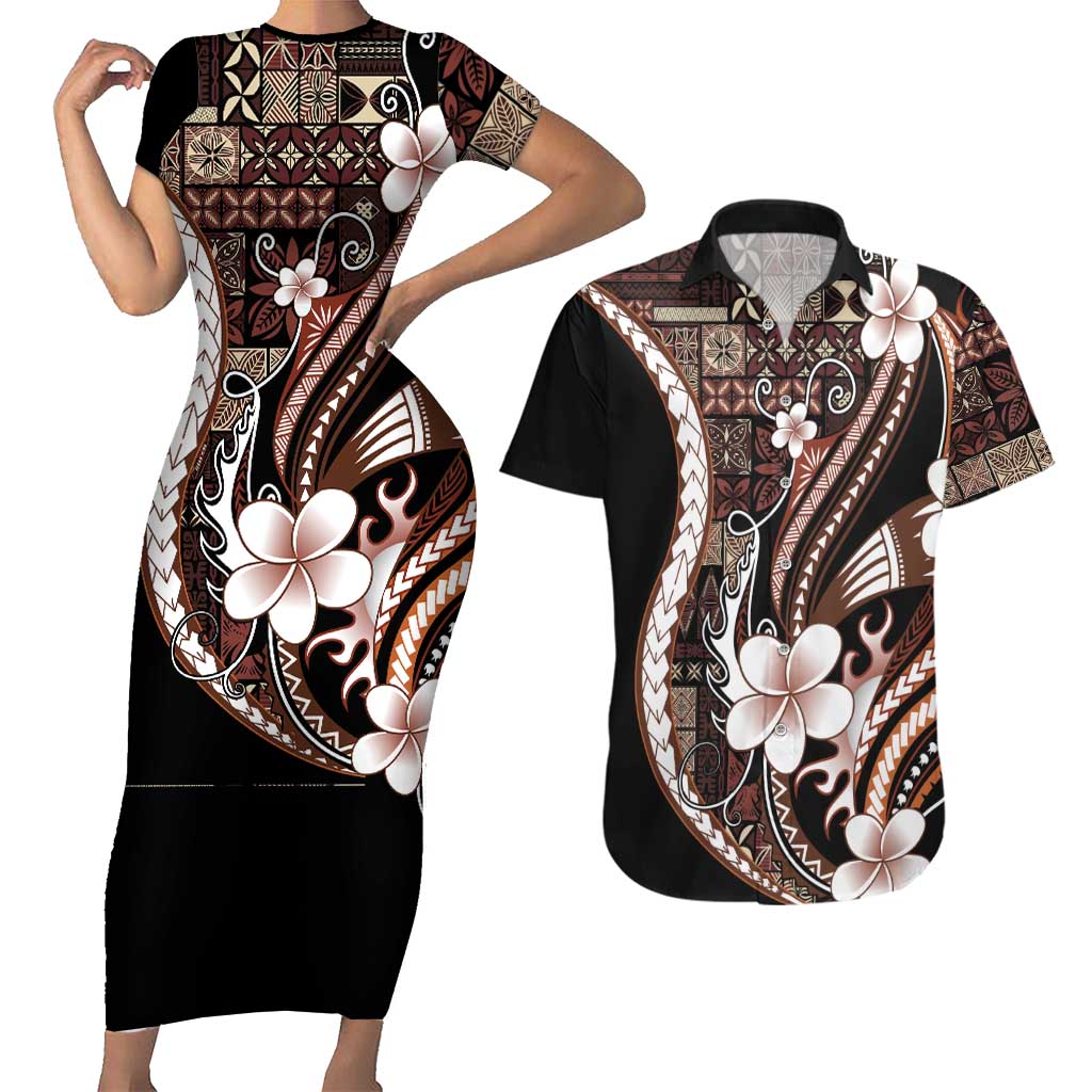 Samoa Siapo Tribal Pattern Couples Matching Short Sleeve Bodycon Dress and Hawaiian Shirt Brown Polynesian Plumeria Tapa Motif