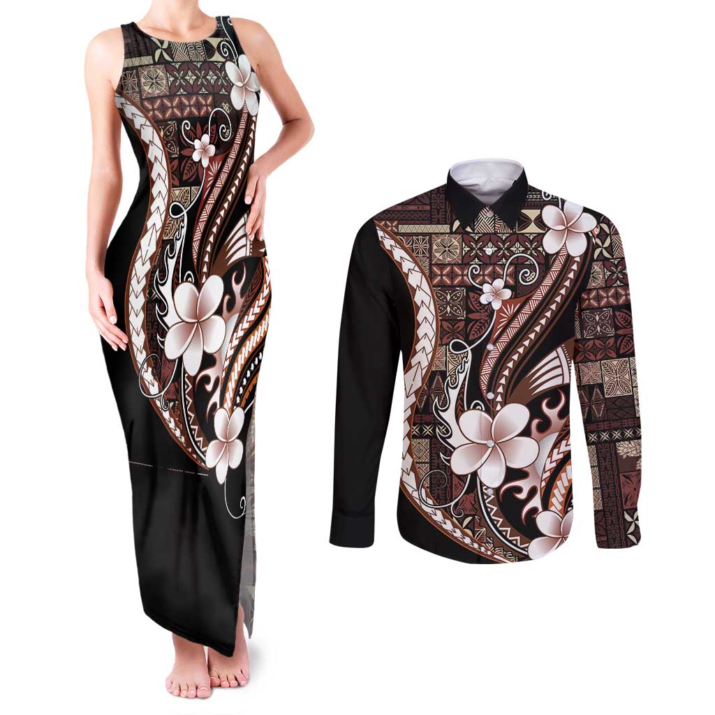 Samoa Siapo Tribal Pattern Couples Matching Tank Maxi Dress and Long Sleeve Button Shirt Brown Polynesian Plumeria Tapa Motif LT9 Brown - Polynesian Pride