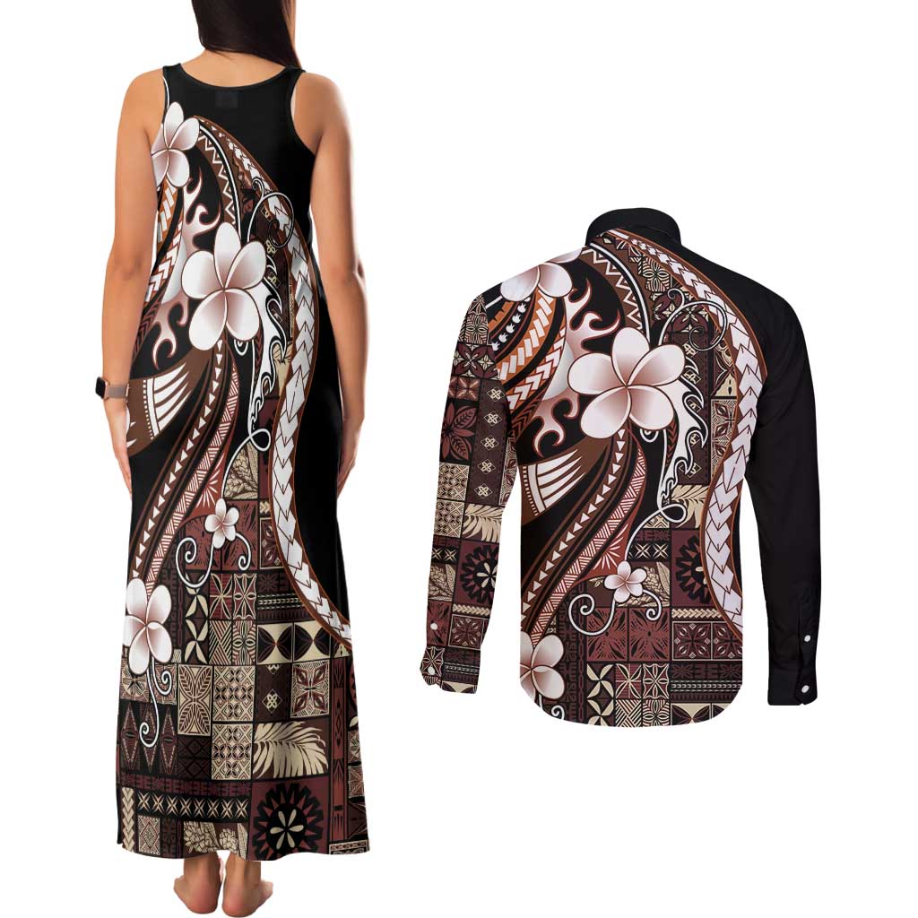 Samoa Siapo Tribal Pattern Couples Matching Tank Maxi Dress and Long Sleeve Button Shirt Brown Polynesian Plumeria Tapa Motif LT9 - Polynesian Pride
