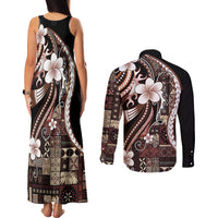 Samoa Siapo Tribal Pattern Couples Matching Tank Maxi Dress and Long Sleeve Button Shirt Brown Polynesian Plumeria Tapa Motif LT9 - Polynesian Pride