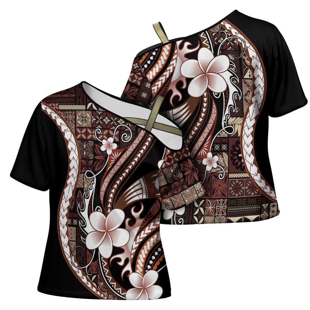 Samoa Siapo Tribal Pattern Cross Shoulder Shirt Brown Polynesian Plumeria Tapa Motif