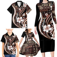 Samoa Siapo Tribal Pattern Family Matching Long Sleeve Bodycon Dress and Hawaiian Shirt Brown Polynesian Plumeria Tapa Motif