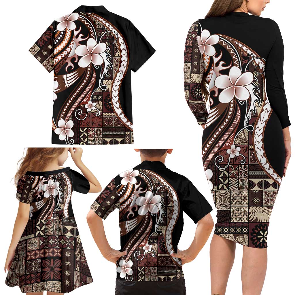 Samoa Siapo Tribal Pattern Family Matching Long Sleeve Bodycon Dress and Hawaiian Shirt Brown Polynesian Plumeria Tapa Motif