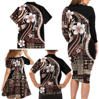 Samoa Siapo Tribal Pattern Family Matching Long Sleeve Bodycon Dress and Hawaiian Shirt Brown Polynesian Plumeria Tapa Motif