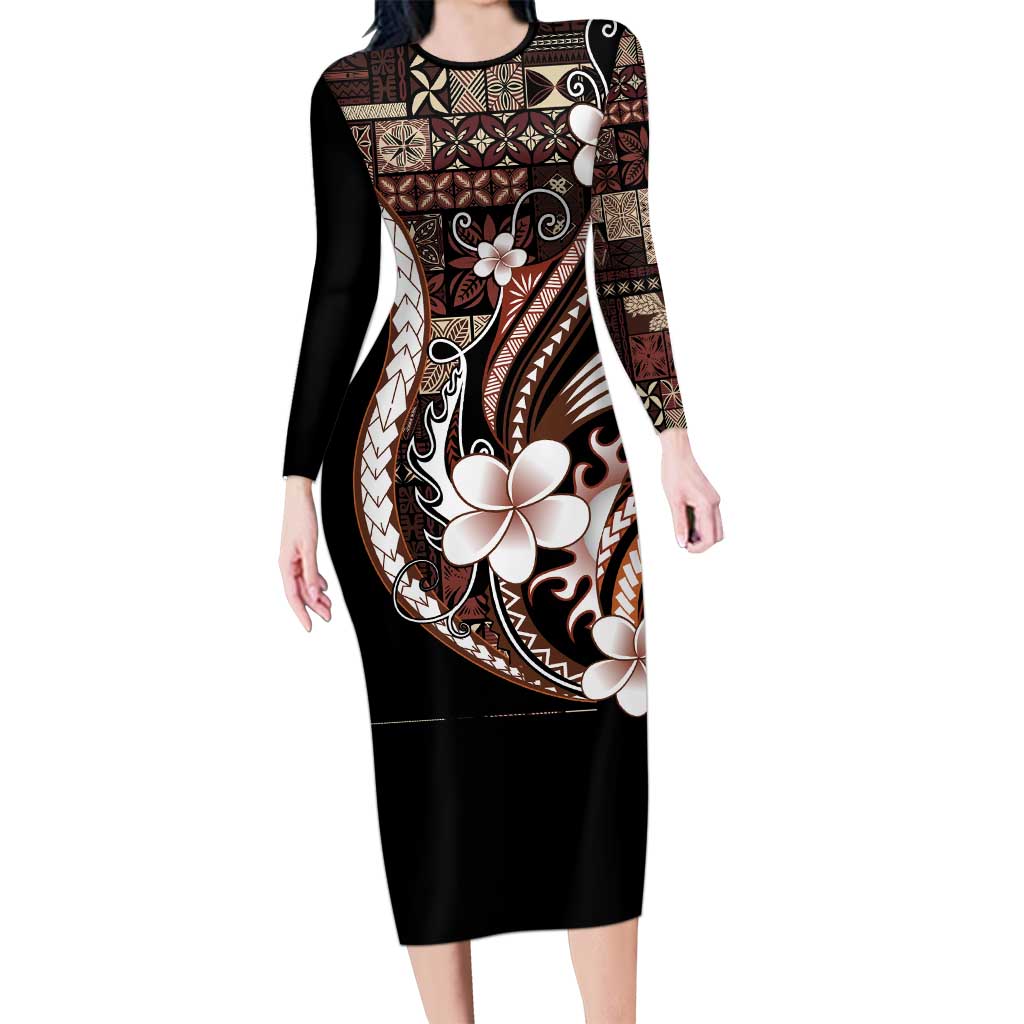 Samoa Siapo Tribal Pattern Family Matching Long Sleeve Bodycon Dress and Hawaiian Shirt Brown Polynesian Plumeria Tapa Motif