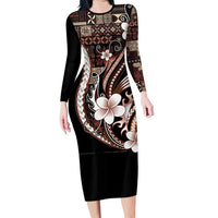 Samoa Siapo Tribal Pattern Family Matching Long Sleeve Bodycon Dress and Hawaiian Shirt Brown Polynesian Plumeria Tapa Motif