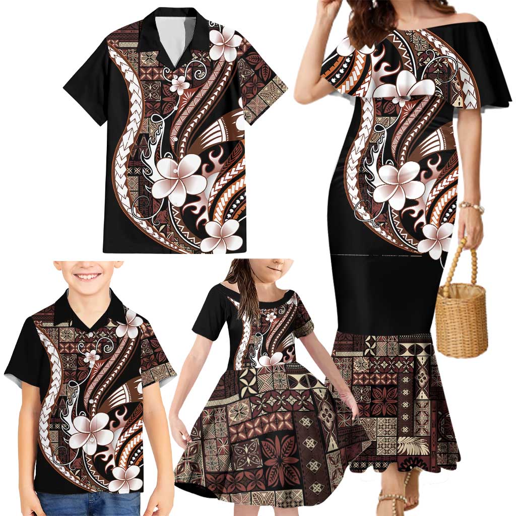 Samoa Siapo Tribal Pattern Family Matching Mermaid Dress and Hawaiian Shirt Brown Polynesian Plumeria Tapa Motif