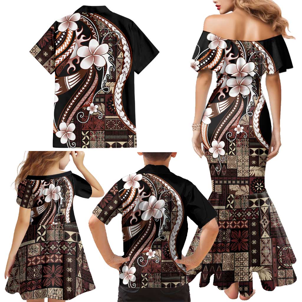 Samoa Siapo Tribal Pattern Family Matching Mermaid Dress and Hawaiian Shirt Brown Polynesian Plumeria Tapa Motif