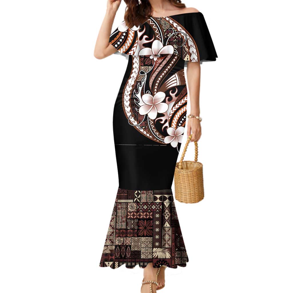 Samoa Siapo Tribal Pattern Family Matching Mermaid Dress and Hawaiian Shirt Brown Polynesian Plumeria Tapa Motif