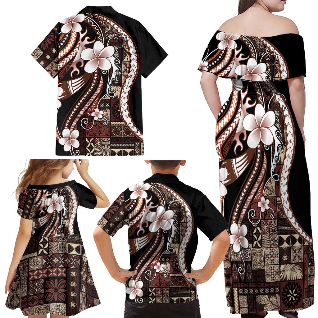 Samoa Siapo Tribal Pattern Family Matching Off Shoulder Maxi Dress and Hawaiian Shirt Brown Polynesian Plumeria Tapa Motif