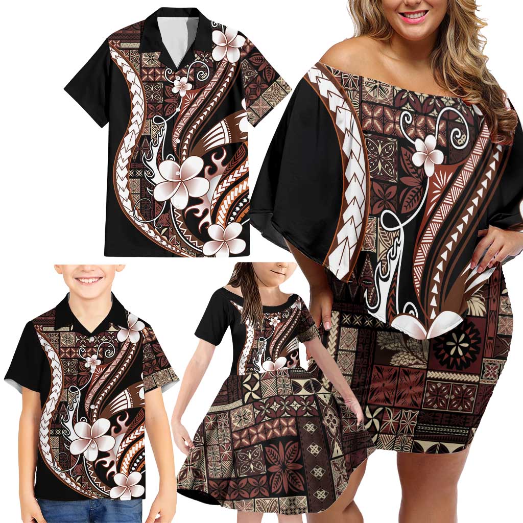 Samoa Siapo Tribal Pattern Family Matching Off Shoulder Short Dress and Hawaiian Shirt Brown Polynesian Plumeria Tapa Motif