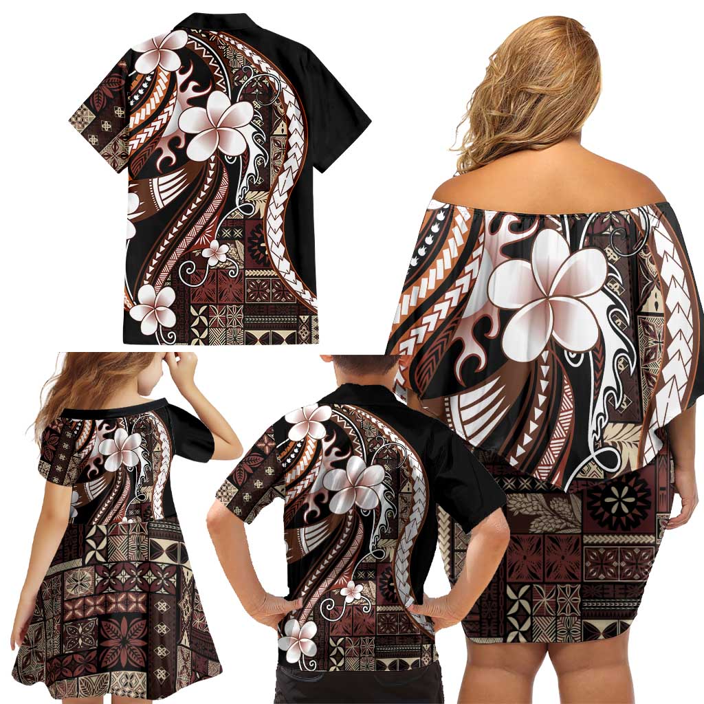 Samoa Siapo Tribal Pattern Family Matching Off Shoulder Short Dress and Hawaiian Shirt Brown Polynesian Plumeria Tapa Motif