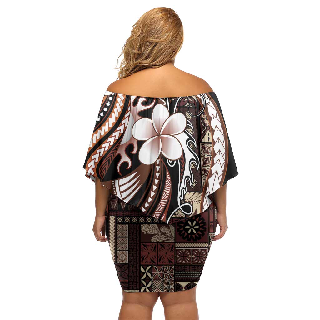 Samoa Siapo Tribal Pattern Family Matching Off Shoulder Short Dress and Hawaiian Shirt Brown Polynesian Plumeria Tapa Motif