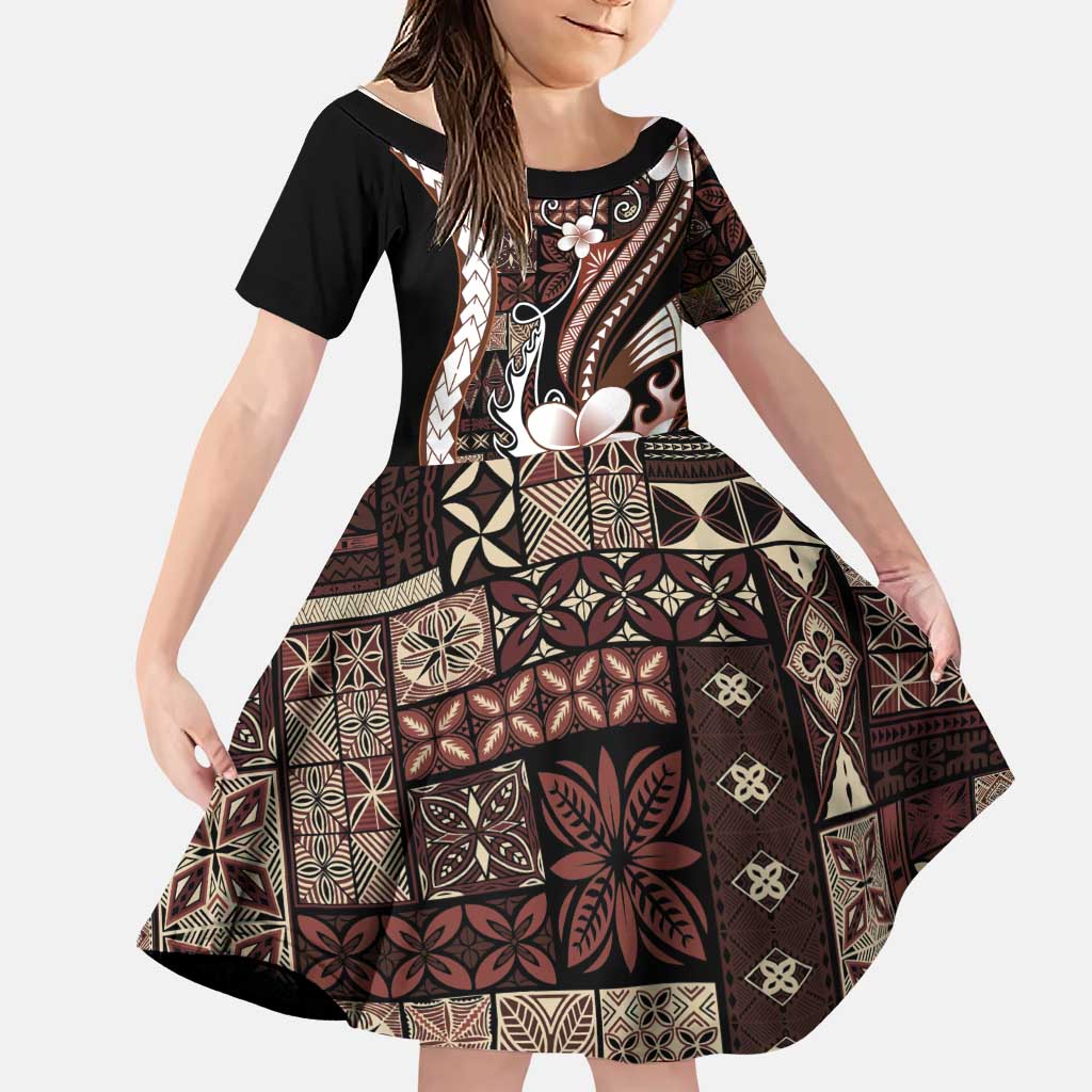 Samoa Siapo Tribal Pattern Family Matching Summer Maxi Dress and Hawaiian Shirt Brown Polynesian Plumeria Tapa Motif