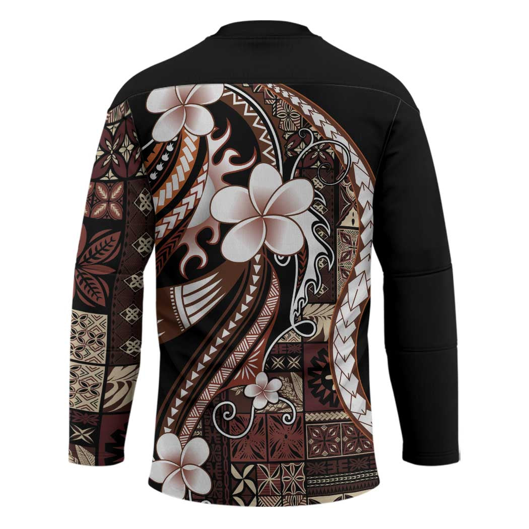 Samoa Siapo Tribal Pattern Hockey Jersey Brown Polynesian Plumeria Tapa Motif
