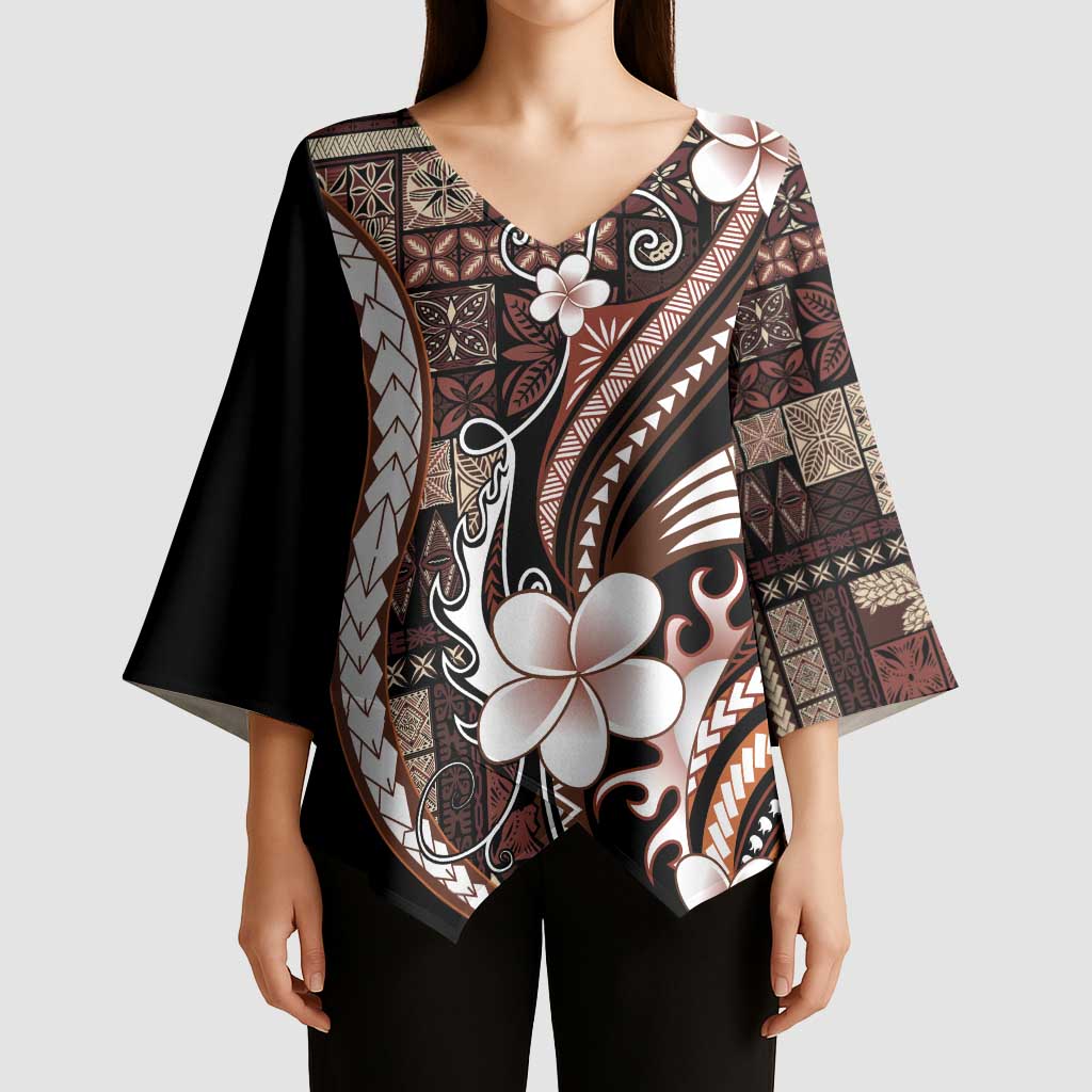 Samoa Siapo Tribal Pattern Kimono Sleeve Blouse Brown Polynesian Plumeria Tapa Motif