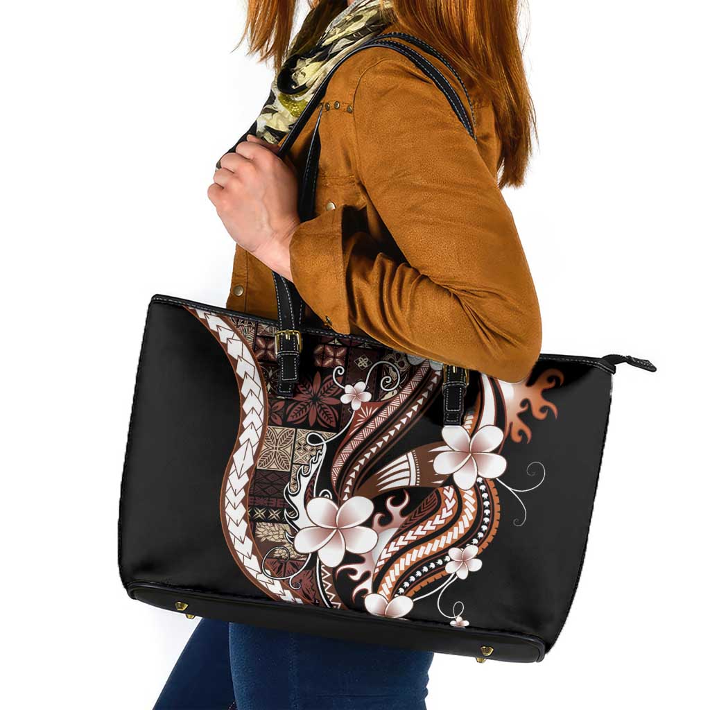 Samoa Siapo Tribal Pattern Leather Tote Bag Brown Polynesian Plumeria Tapa Motif LT9 Brown - Polynesian Pride