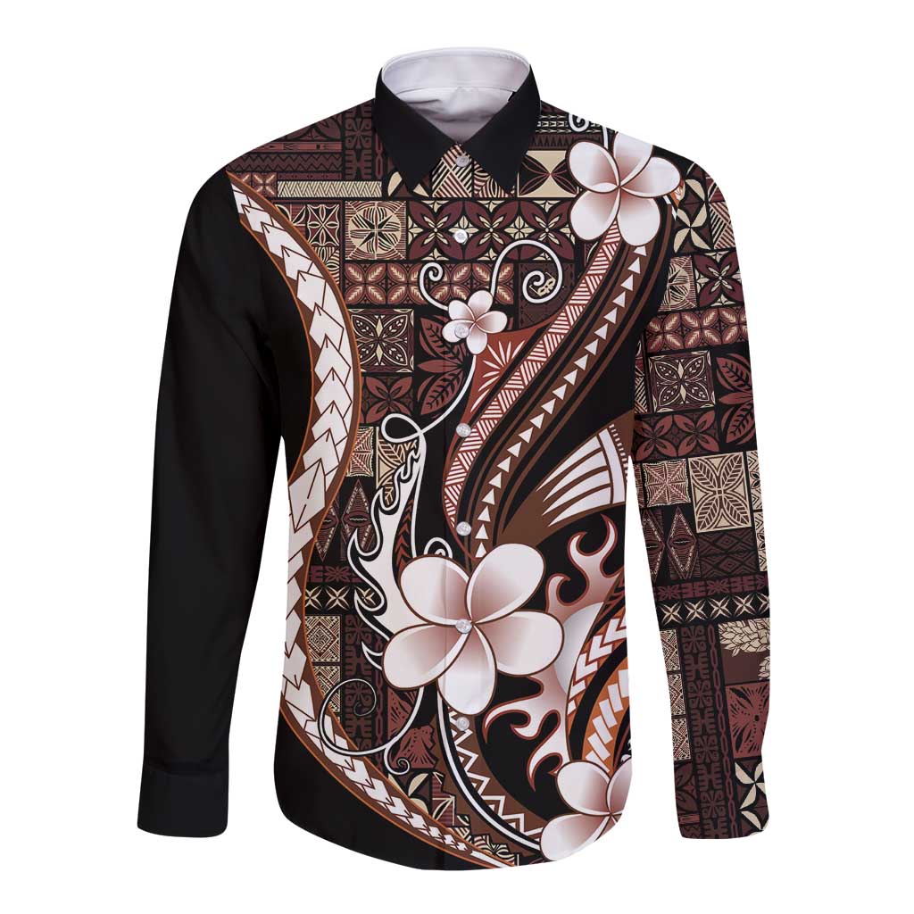 Samoa Siapo Tribal Pattern Long Sleeve Button Shirt Brown Polynesian Plumeria Tapa Motif