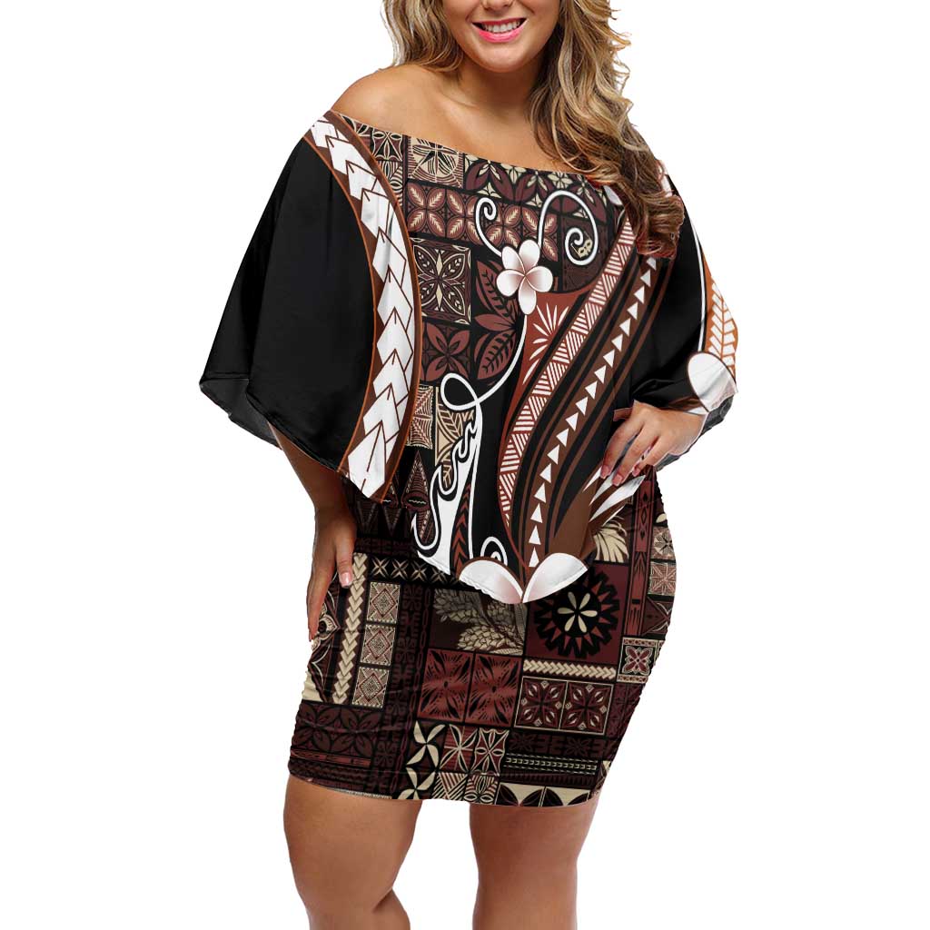 Samoa Siapo Tribal Pattern Off Shoulder Short Dress Brown Polynesian Plumeria Tapa Motif