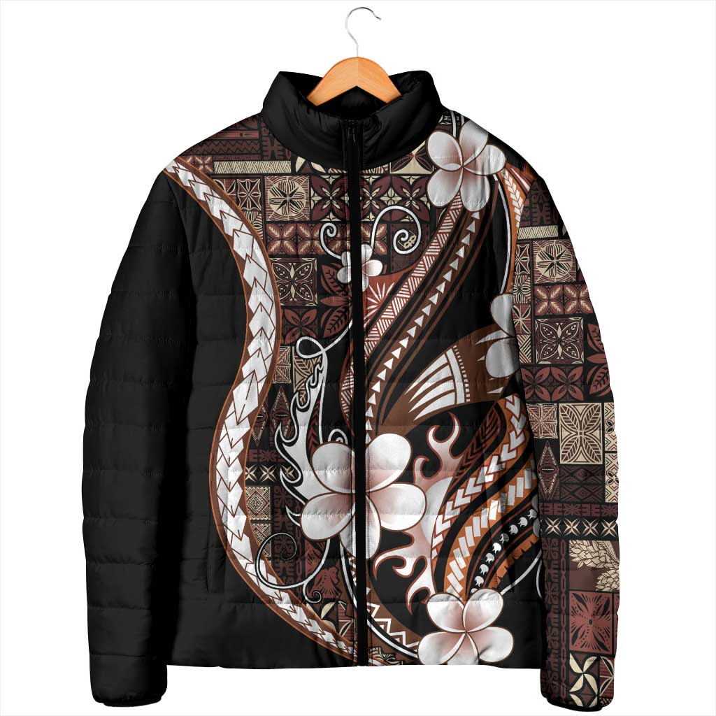 Samoa Siapo Tribal Pattern Padded Jacket Brown Polynesian Plumeria Tapa Motif