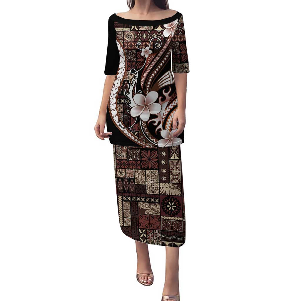 Samoa Siapo Tribal Pattern Puletasi Brown Polynesian Plumeria Tapa Motif