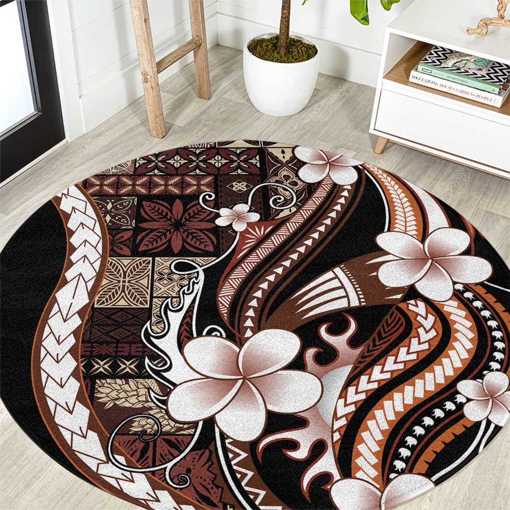 Samoa Siapo Tribal Pattern Round Carpet Brown Polynesian Plumeria Tapa Motif