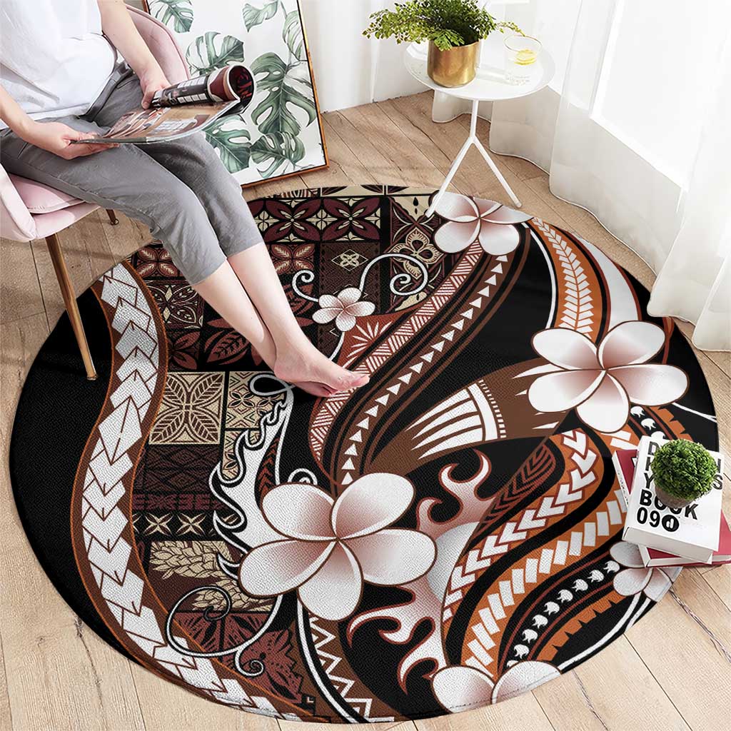 Samoa Siapo Tribal Pattern Round Carpet Brown Polynesian Plumeria Tapa Motif