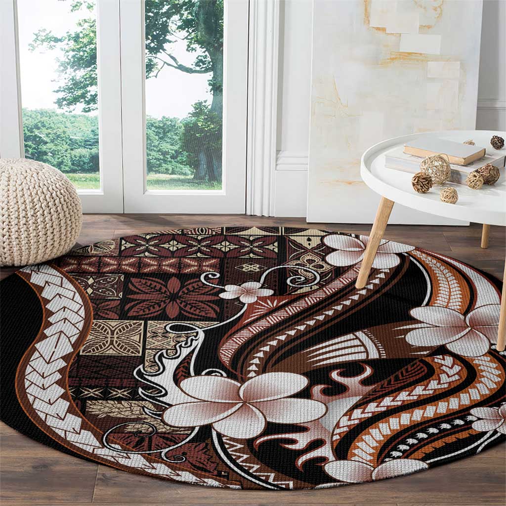 Samoa Siapo Tribal Pattern Round Carpet Brown Polynesian Plumeria Tapa Motif