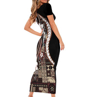 Samoa Siapo Tribal Pattern Short Sleeve Bodycon Dress Brown Polynesian Plumeria Tapa Motif LT9 - Polynesian Pride