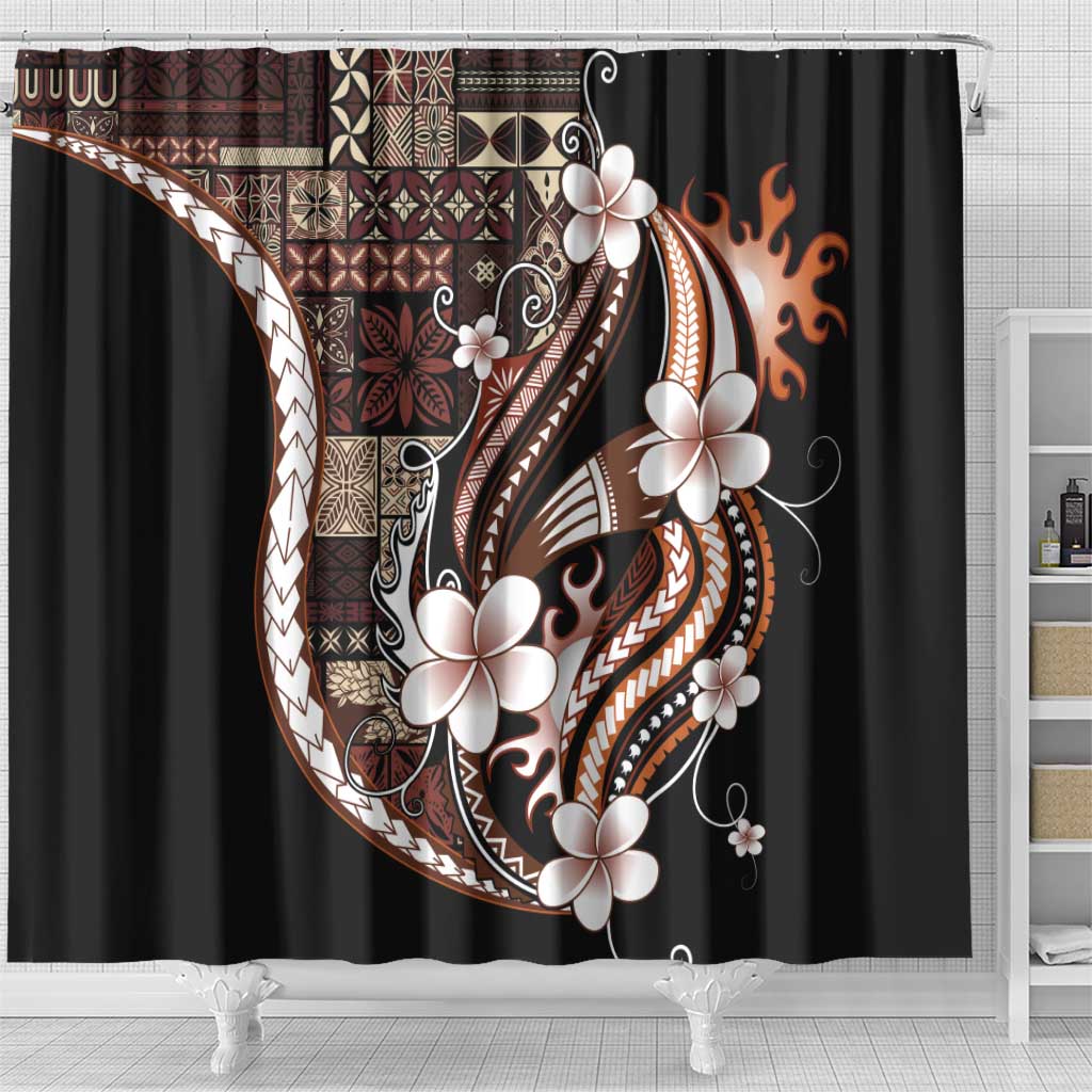 Samoa Siapo Tribal Pattern Shower Curtain Brown Polynesian Plumeria Tapa Motif