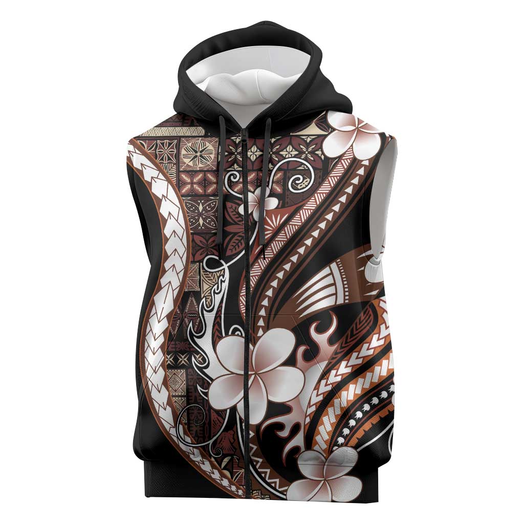 Samoa Siapo Tribal Pattern Sleeveless Zip Hoodie Brown Polynesian Plumeria Tapa Motif