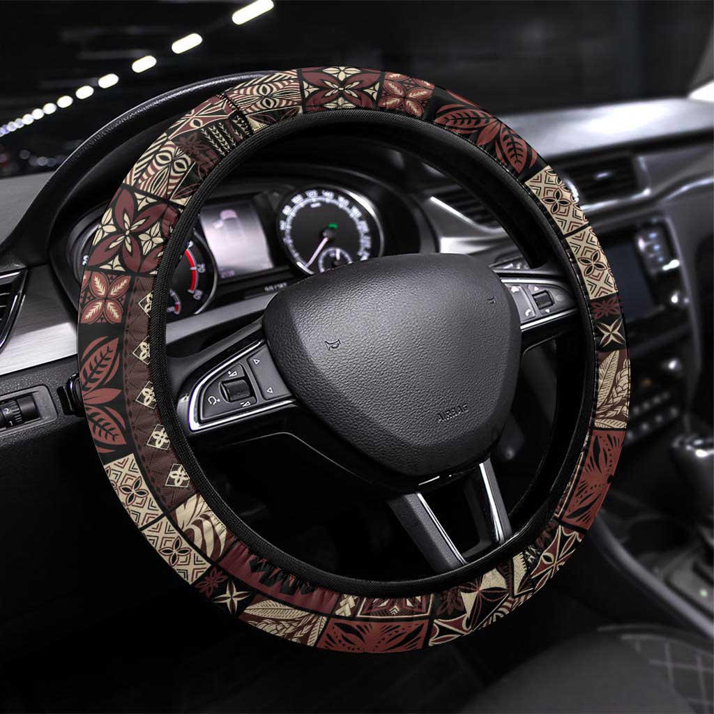 Samoa Siapo Tribal Pattern Steering Wheel Cover Brown Polynesian Plumeria Tapa Motif