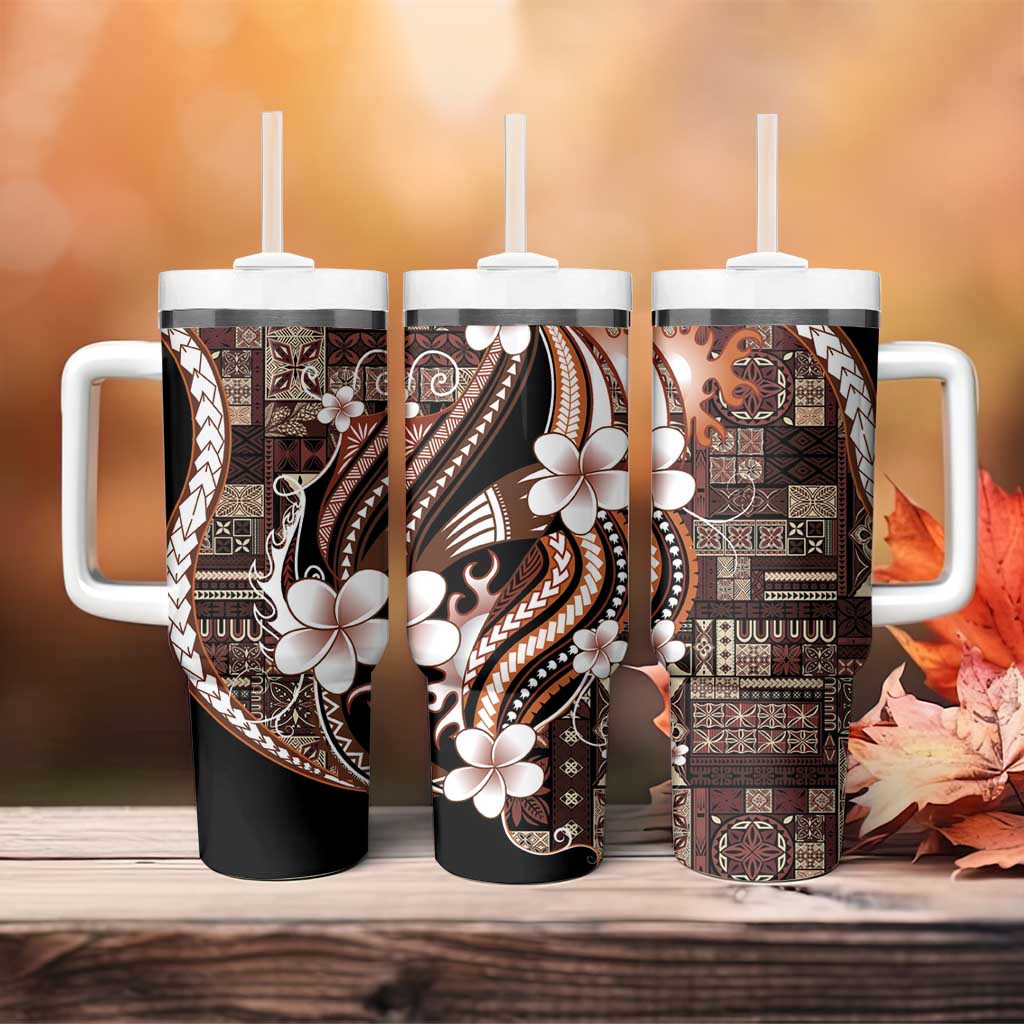 Samoa Siapo Tribal Pattern Tumbler With Handle Brown Polynesian Plumeria Tapa Motif