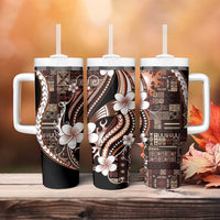 Samoa Siapo Tribal Pattern Tumbler With Handle Brown Polynesian Plumeria Tapa Motif