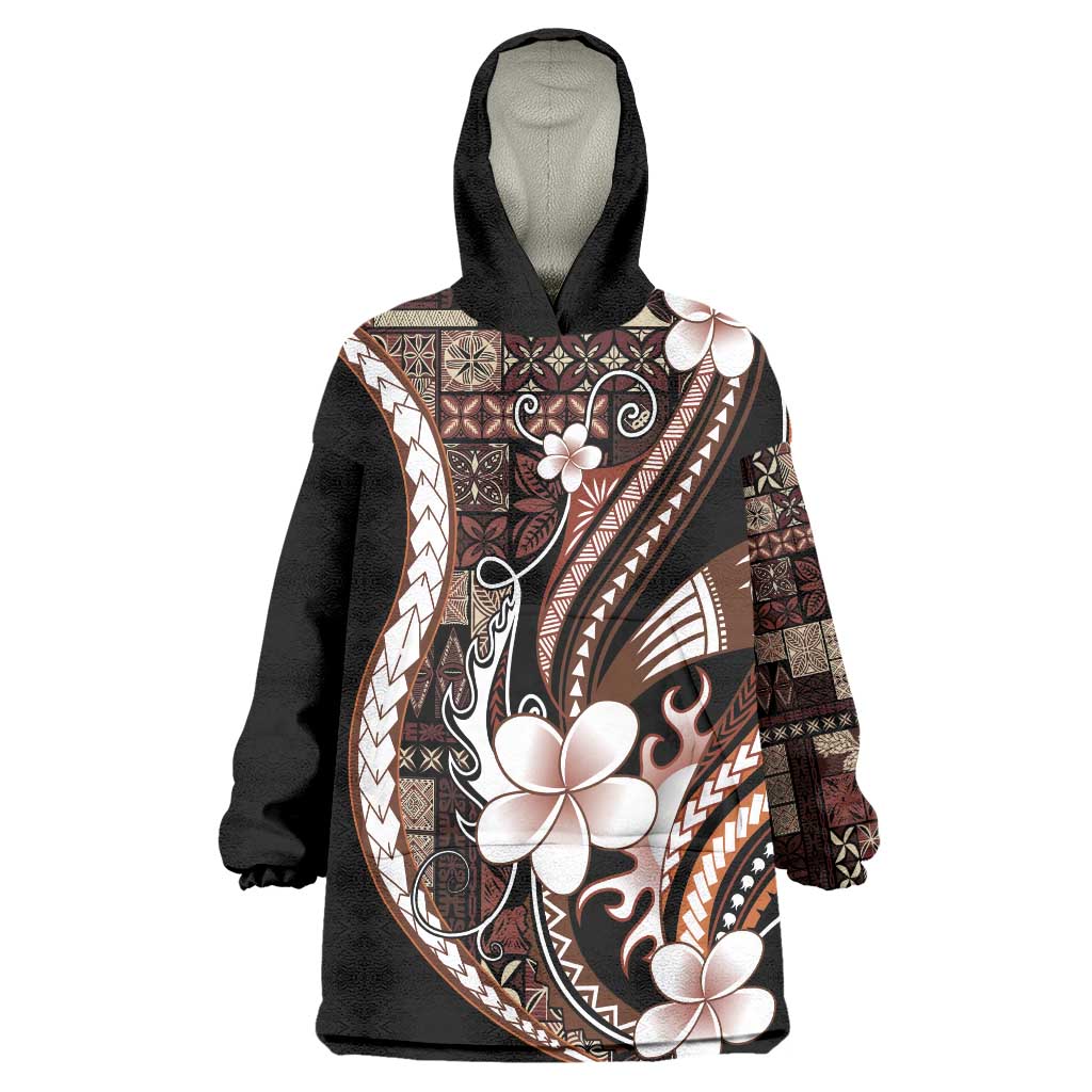 Samoa Siapo Tribal Pattern Wearable Blanket Hoodie Brown Polynesian Plumeria Tapa Motif
