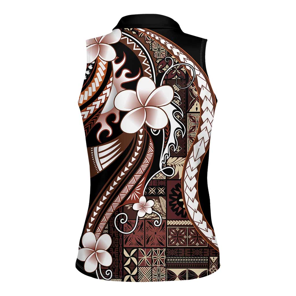 Samoa Siapo Tribal Pattern Women Sleeveless Polo Shirt Brown Polynesian Plumeria Tapa Motif