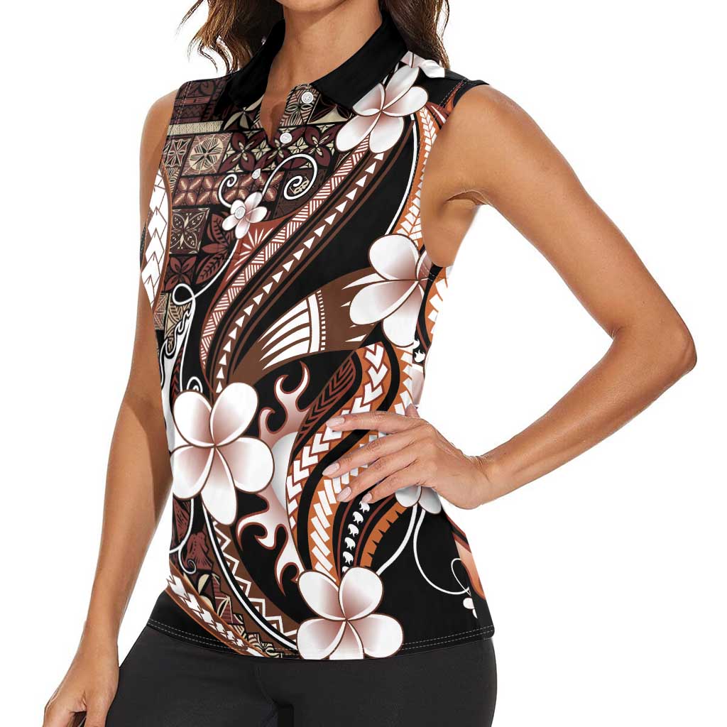 Samoa Siapo Tribal Pattern Women Sleeveless Polo Shirt Brown Polynesian Plumeria Tapa Motif