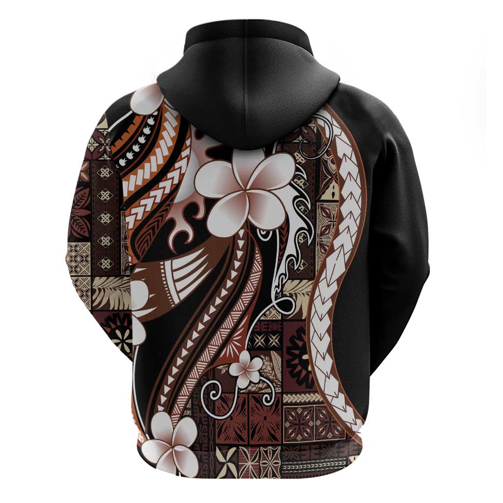 Samoa Siapo Tribal Pattern Zip Hoodie Brown Polynesian Plumeria Tapa Motif