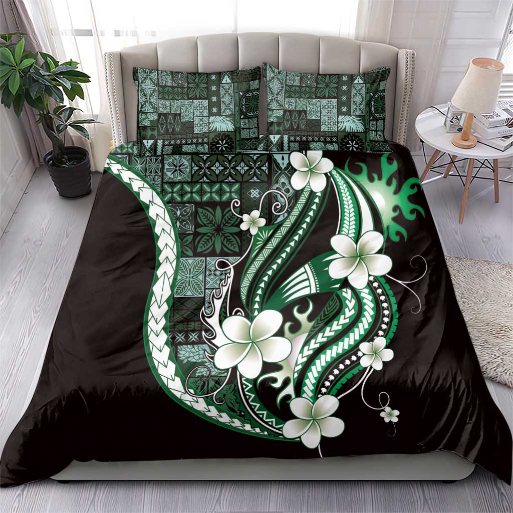 Samoa Siapo Tribal Pattern Bedding Set Forest Green Polynesian Plumeria Tapa Motif
