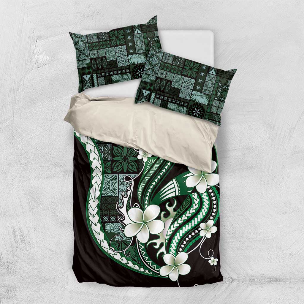 Samoa Siapo Tribal Pattern Bedding Set Forest Green Polynesian Plumeria Tapa Motif