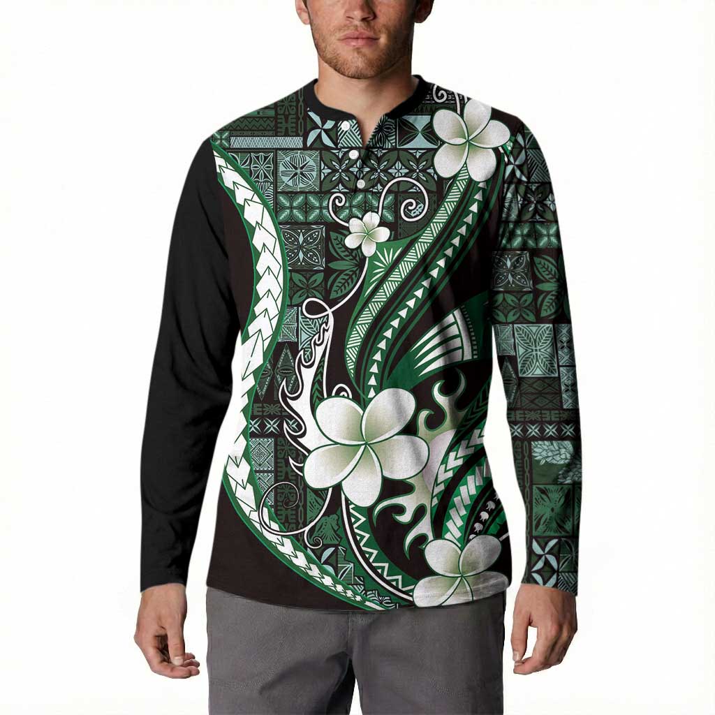 Samoa Siapo Tribal Pattern Button Sweatshirt Forest Green Polynesian Plumeria Tapa Motif