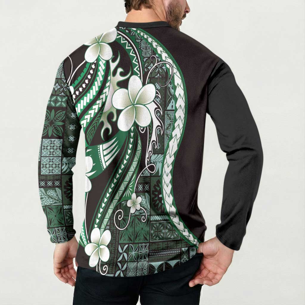Samoa Siapo Tribal Pattern Button Sweatshirt Forest Green Polynesian Plumeria Tapa Motif