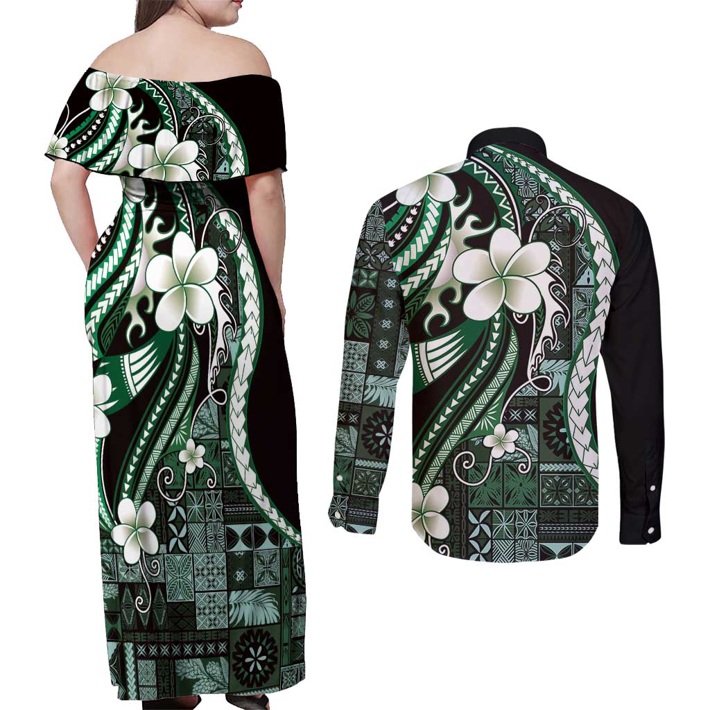 Samoa Siapo Tribal Pattern Couples Matching Off Shoulder Maxi Dress and Long Sleeve Button Shirt Forest Green Polynesian Plumeria Tapa Motif