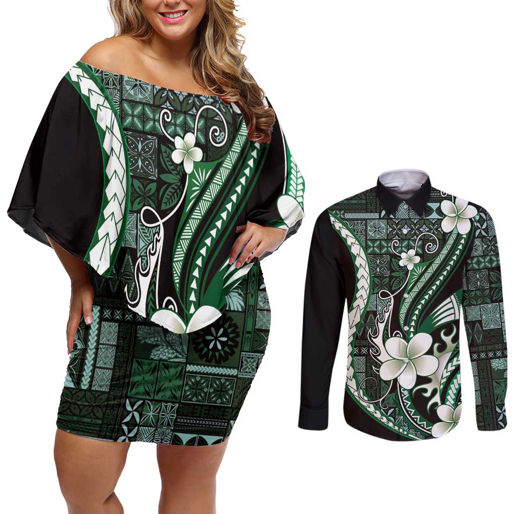 Samoa Siapo Tribal Pattern Couples Matching Off Shoulder Short Dress and Long Sleeve Button Shirt Forest Green Polynesian Plumeria Tapa Motif LT9 Green - Polynesian Pride