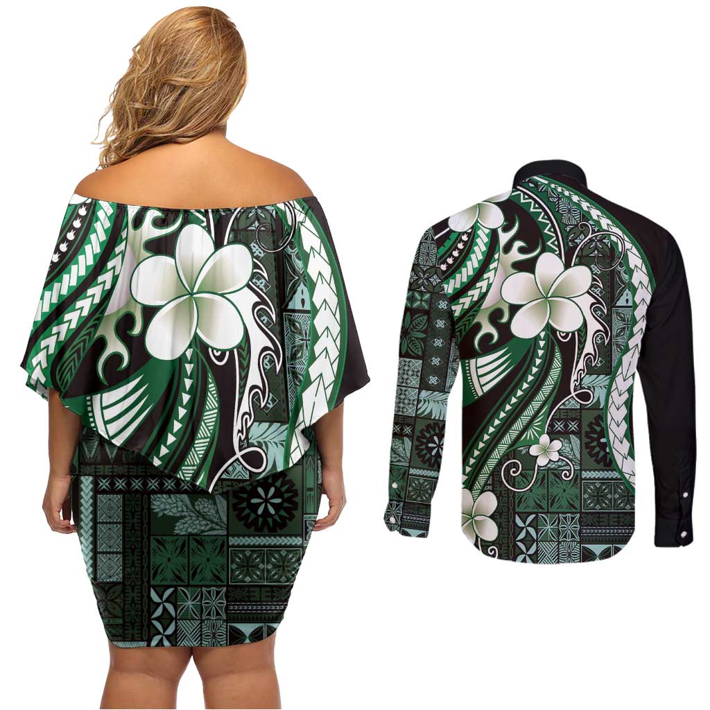 Samoa Siapo Tribal Pattern Couples Matching Off Shoulder Short Dress and Long Sleeve Button Shirt Forest Green Polynesian Plumeria Tapa Motif LT9 - Polynesian Pride